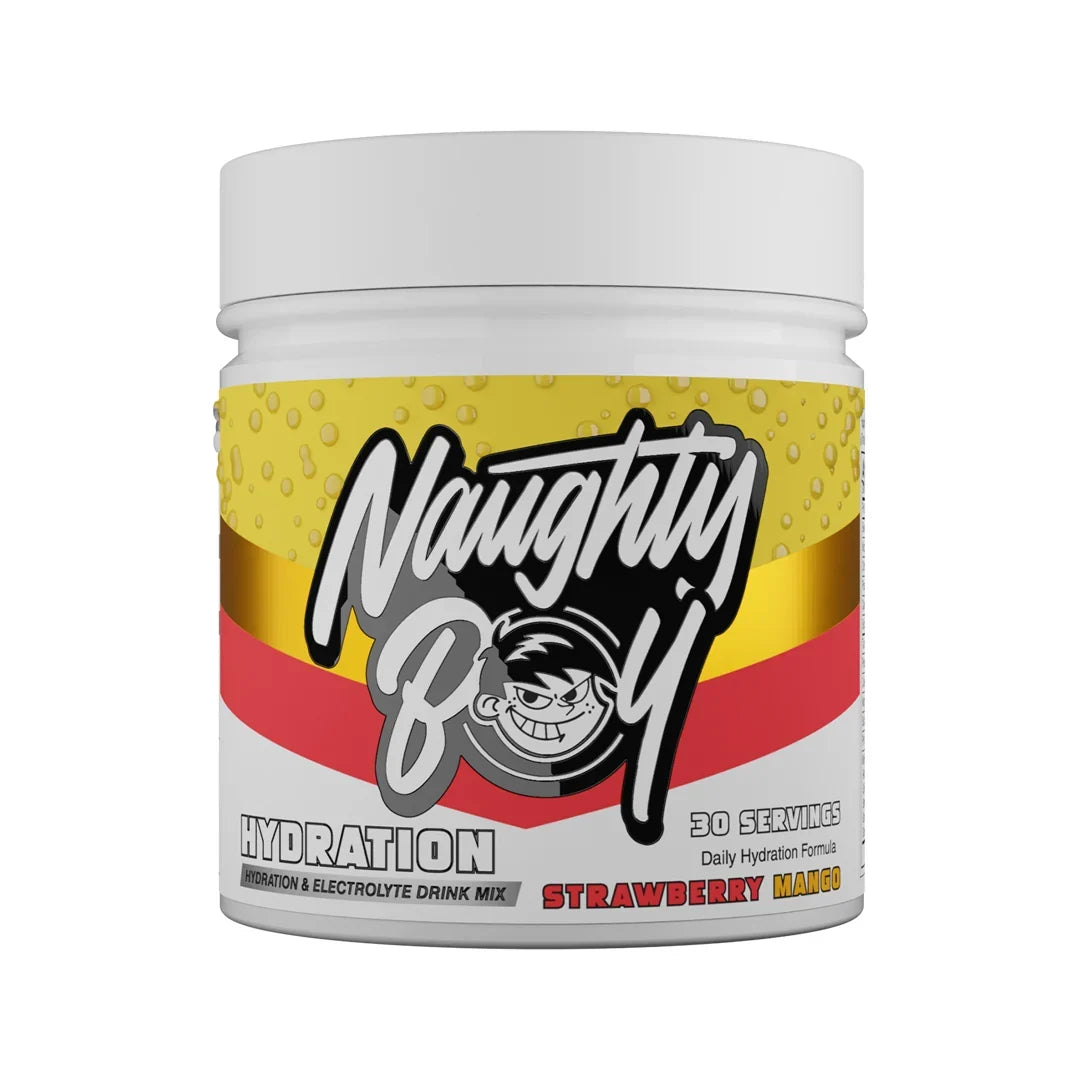 Naughty Boy Hydration drink mix container in strawberry mango flavour with colorful label on a white background