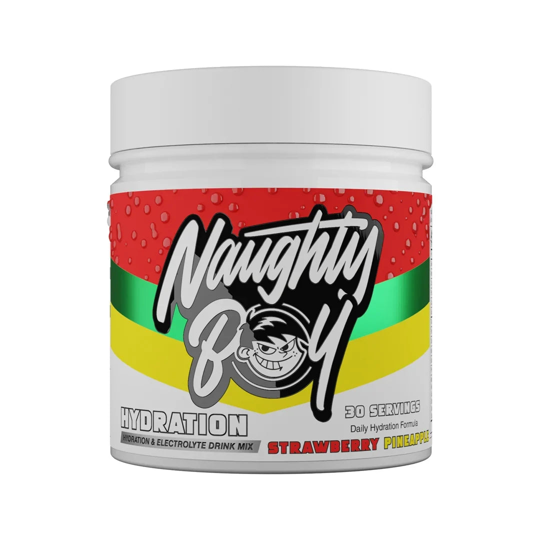Naughty Boy Hydration drink mix container in strawberry pineapple flavour with colourful label on a white background