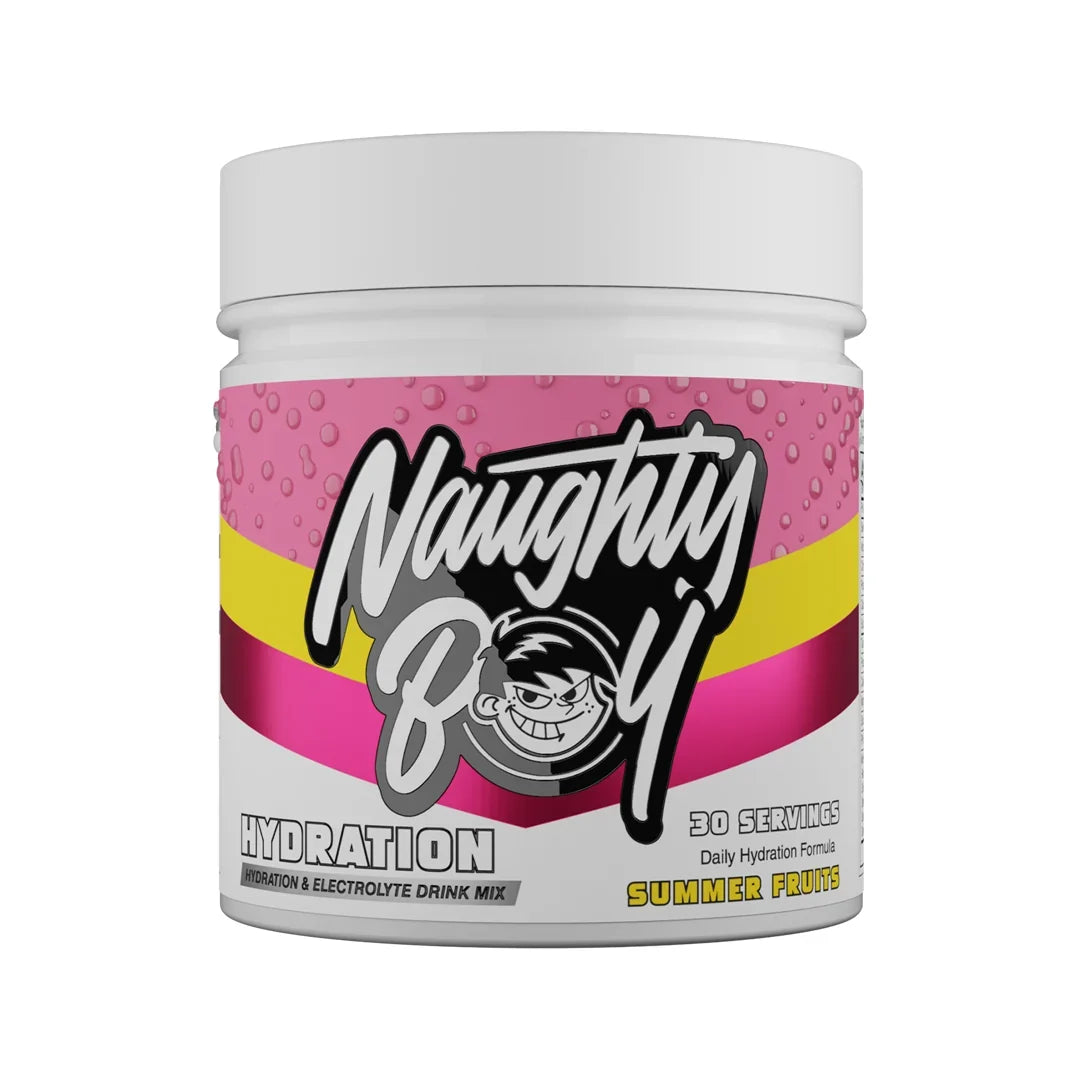 Naughty Boy Hydration drink mix container in summer fruits flavour with pink and white design