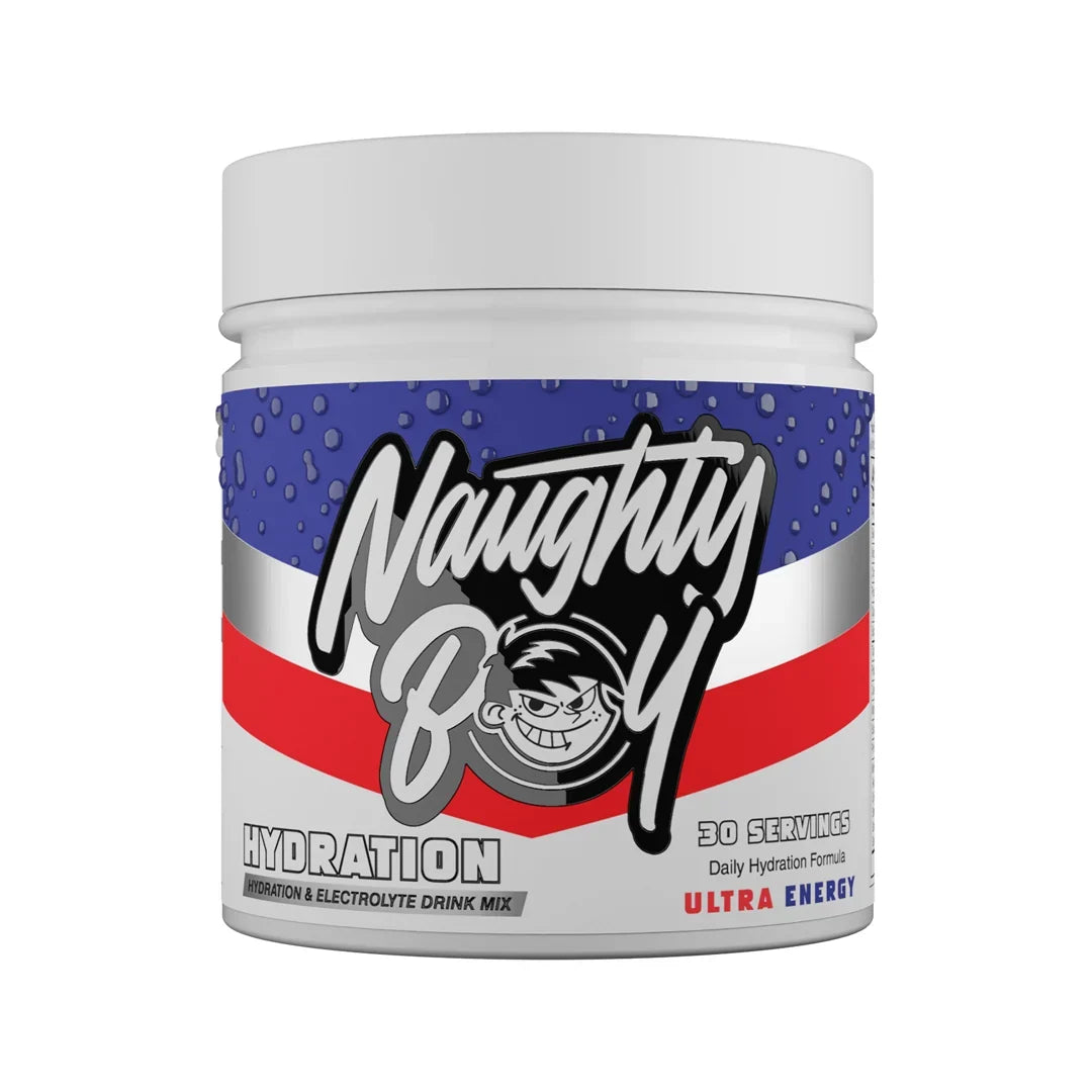 Naughty Boy Hydration drink mix container in ultra energy flavour with colourful label on a white background