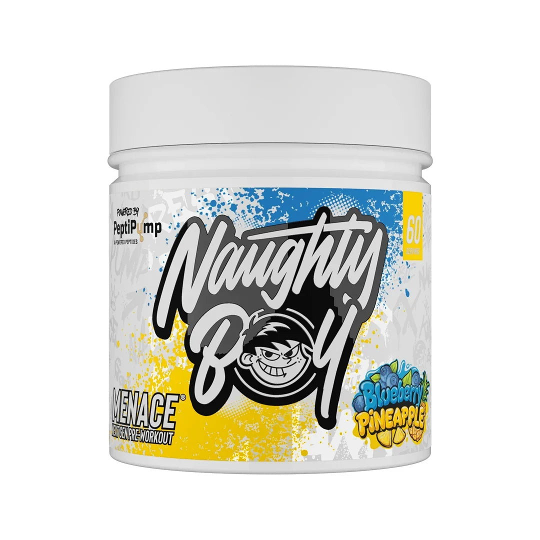 A white plastic tub of Naughty Boy Menace Pre Workout Powder in Blueberry Pineapple flavour, featuring a colourful label with blue, yellow, and white paint splatters.