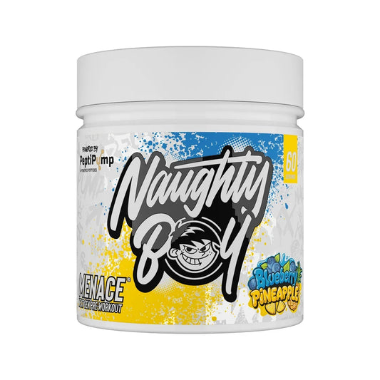 A white plastic tub of Naughty Boy Menace Pre Workout Powder in Blueberry Pineapple flavour, featuring a colourful label with blue, yellow, and white paint splatters.