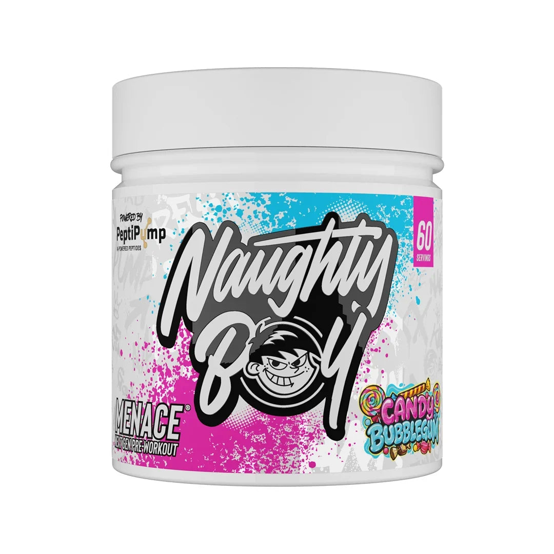 Container of Naughty Boy Menace pre-workout supplement in candy bubblegum flavour with colourful label on a white background