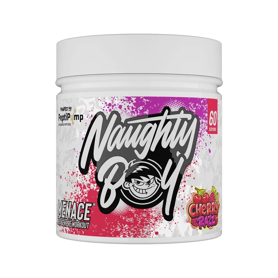 Container of Naughty Boy Menace pre-workout supplement in cherry razz flavour with colourful label on a white background