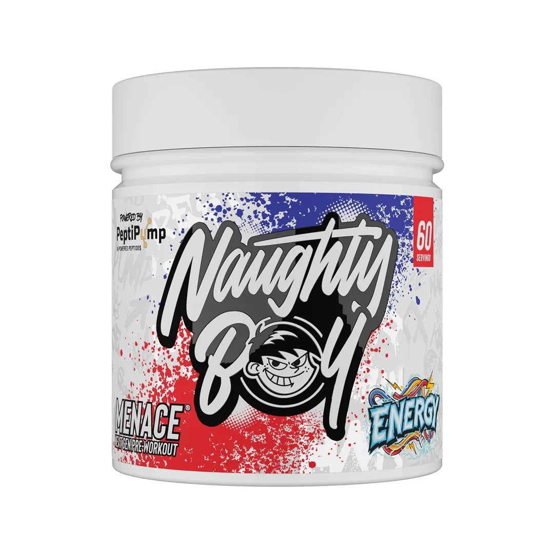 Container of Naughty Boy Menace pre-workout supplement in ultra energy flavour with colourful label on a white background