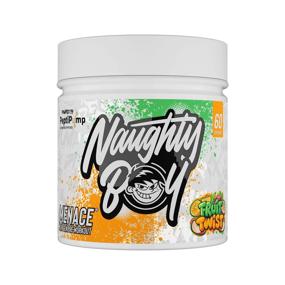 Container of Naughty Boy Menace pre-workout supplement in fruit twist flavour with colourful label on a white background