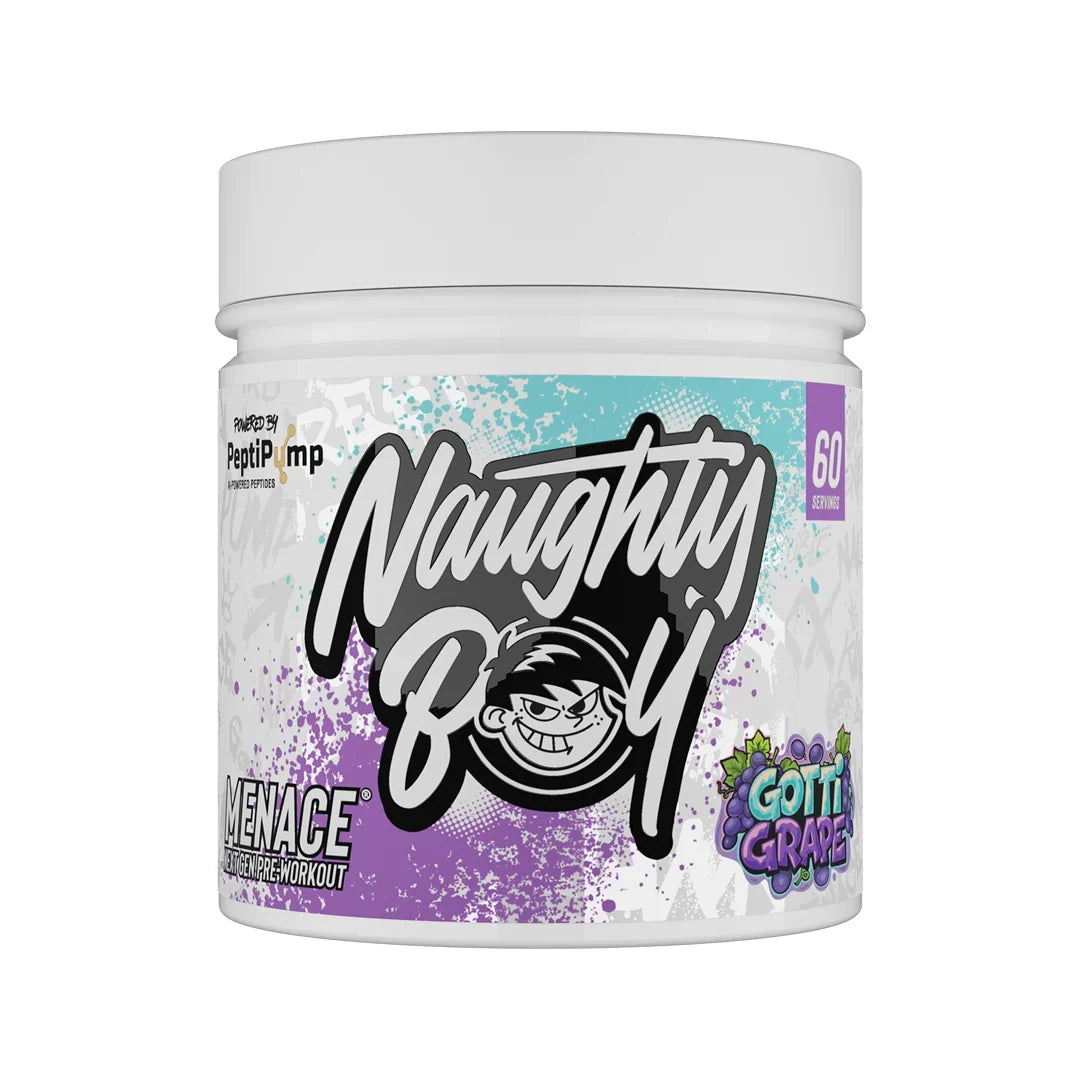 Container of Naughty Boy Menace pre-workout supplement in gotti grape flavour with colourful label on a white background