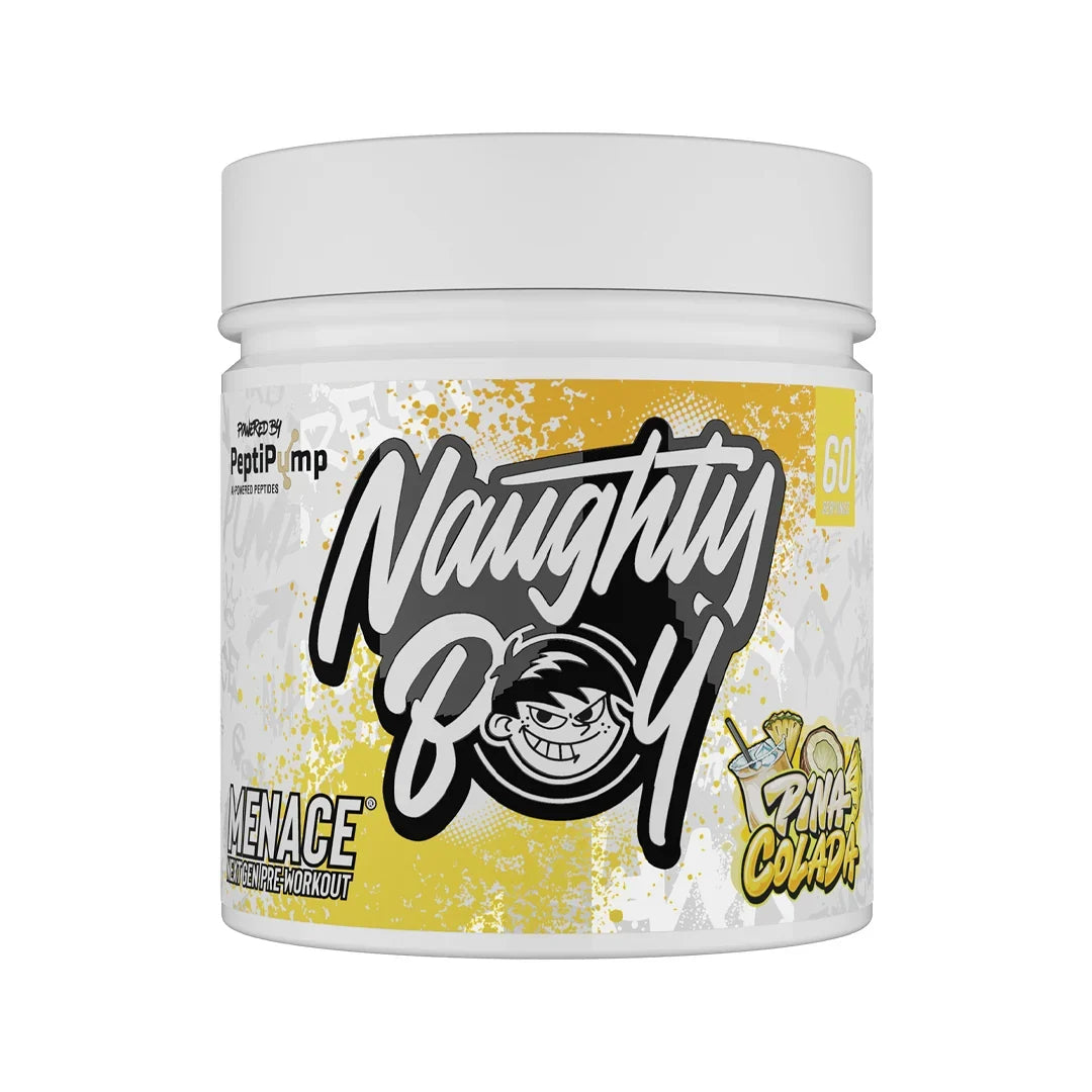 Container of Naughty Boy Menace pre-workout supplement in pina colada flavour with colourful label on a white background