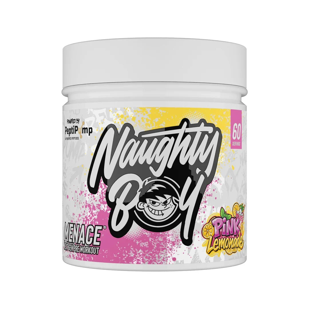 Container of Naughty Boy Menace pre-workout supplement in pink lemonade flavour with colourful label on a white background