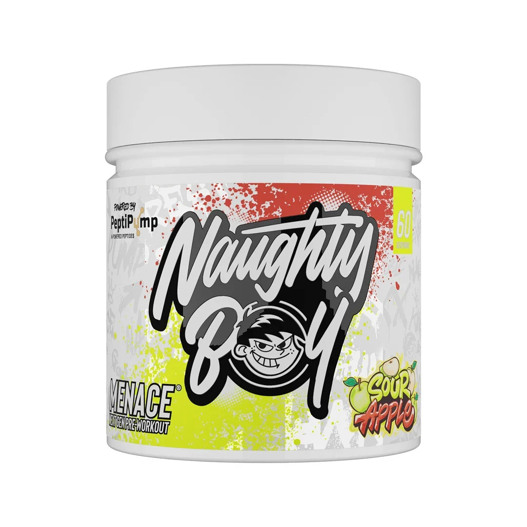 Container of Naughty Boy Menace pre-workout supplement in sour apple flavour with colourful label on a white background