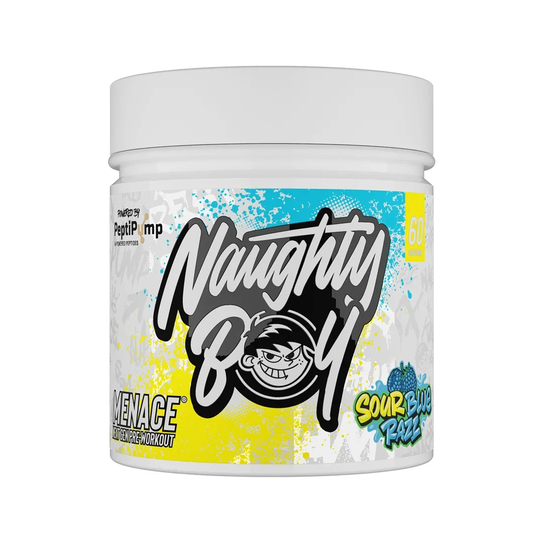 Container of Naughty Boy Menace pre-workout supplement in sour blue razz flavour with colourful label on a white background