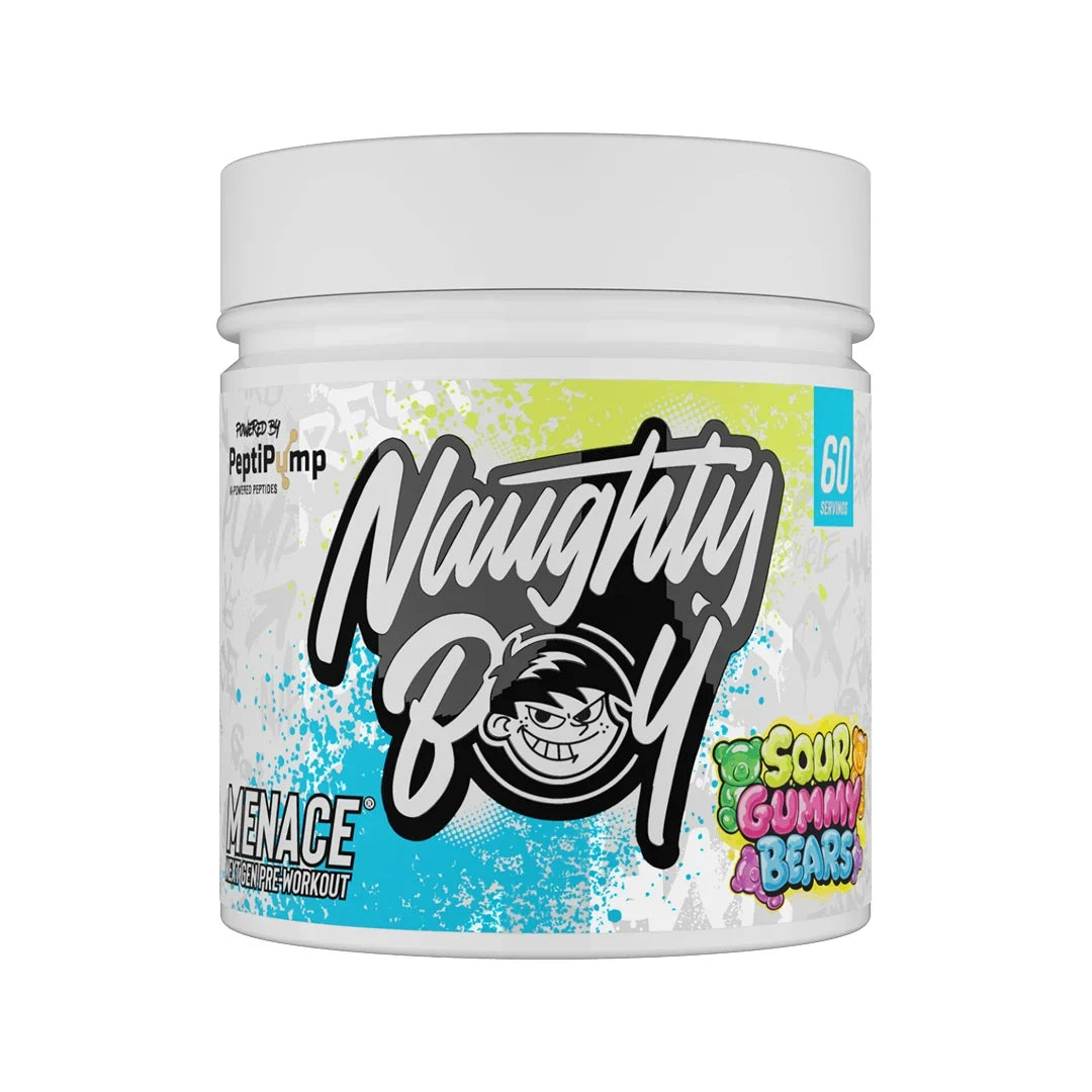 Container of Naughty Boy Menace pre-workout supplement in sour gummy bears flavour with colourful label on a white background