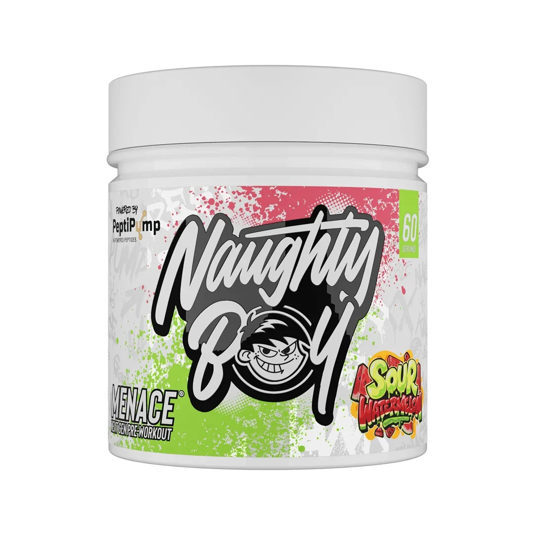 Container of Naughty Boy Menace pre-workout supplement in sour watermelon flavour with colourful label on a white background