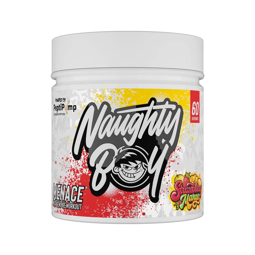 Container of Naughty Boy Menace pre-workout supplement in strawberry mango flavour with colourful label on a white background