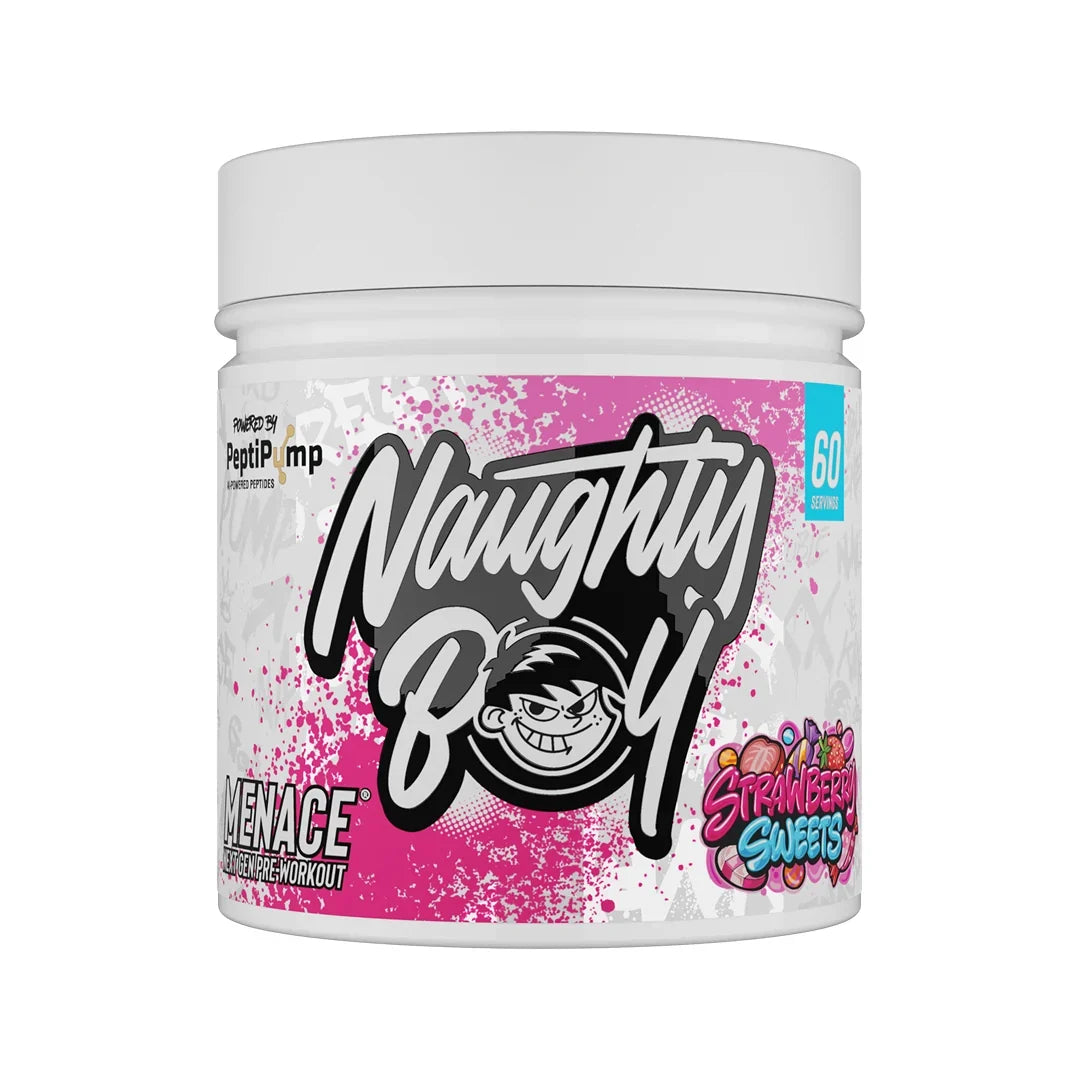 Container of Naughty Boy Menace pre-workout supplement in strawberry sweets flavour with colourful label on a white background