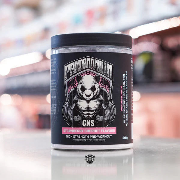 Pandamonium pre-workout supplement container with brand logo on a blurred background