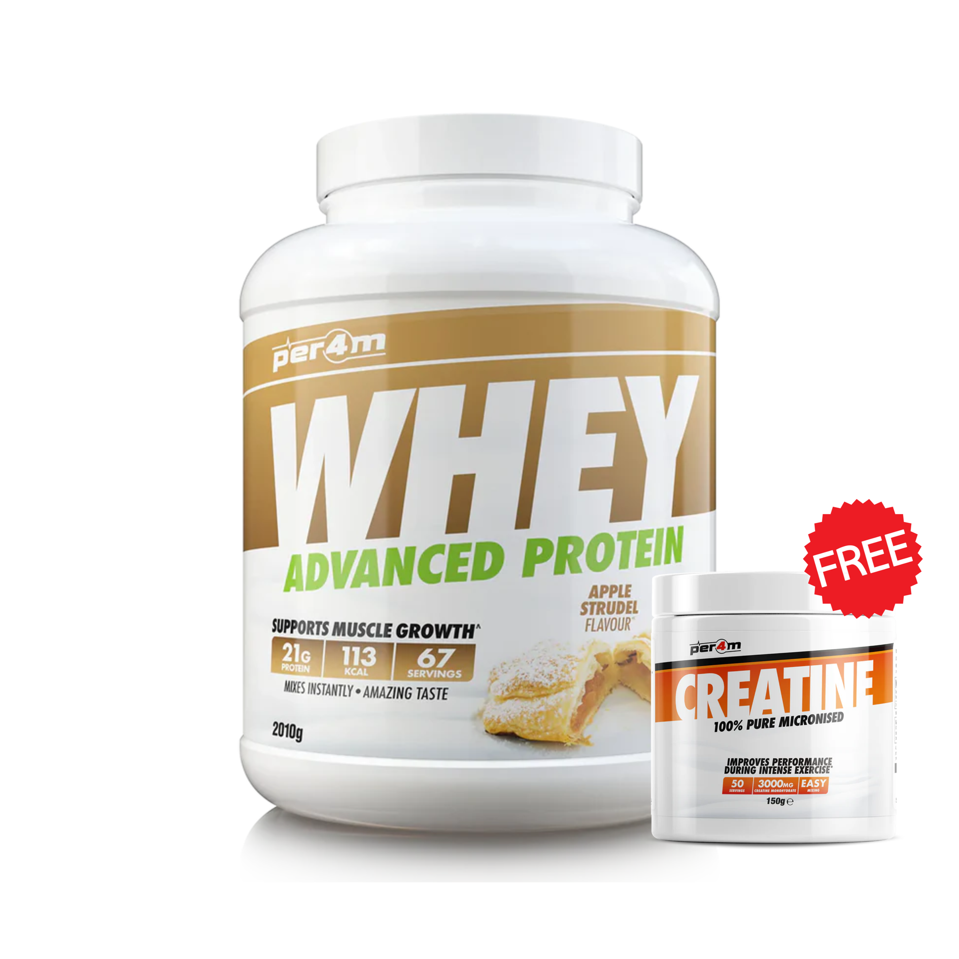 A white container of Per4m Advanced Whey Protein powder in apple strudel flavour, 2.01kg size. Also featuring white container of 150g Per4m 100% pure micronised creatine.
