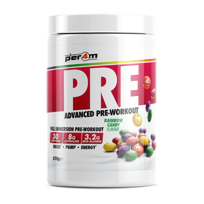 Per4m Pre-Workout supplement container with colorful candy illustration on a white background