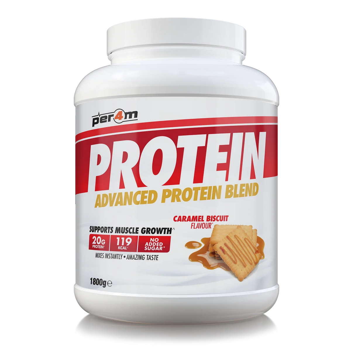 A white plastic tub of Per4m Protein Advanced Protein Blend in Caramel Biscuit, featuring a green and orange label with an ice cream cookie graphic, set against a plain white background.