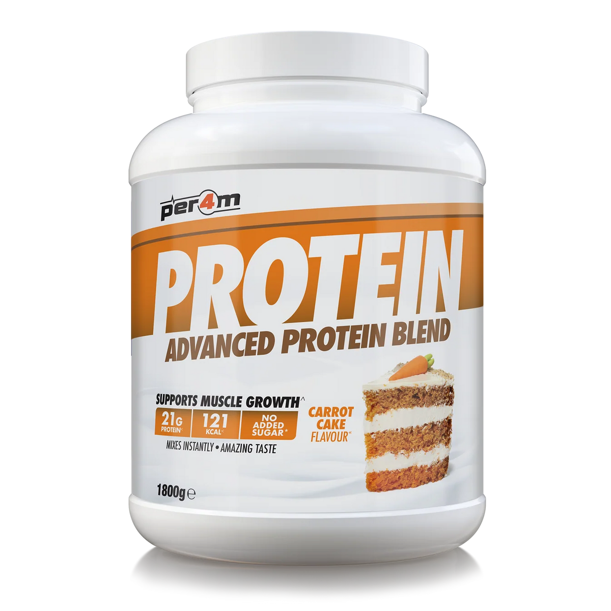 A white plastic tub of Per4m Protein Advanced Protein Blend in Carrot Cake, featuring a green and orange label with an ice cream cookie graphic, set against a plain white background.