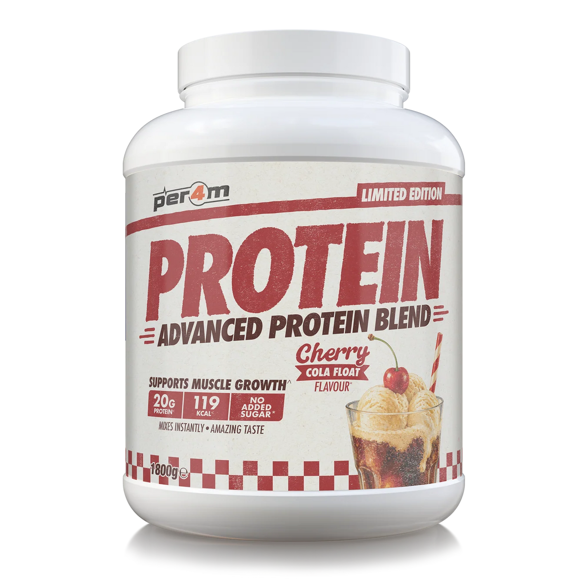 A white plastic tub of Per4m Protein Advanced Protein Blend in Cherry Cola Float flavor, shown on a clean white background.