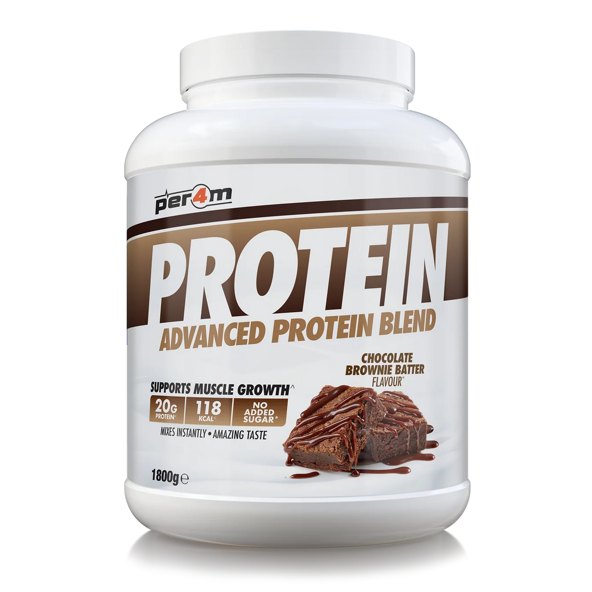 A white plastic tub of Per4m Protein Advanced Protein Blend in Chocolate Brownie Batter flavor, shown on a clean white background.