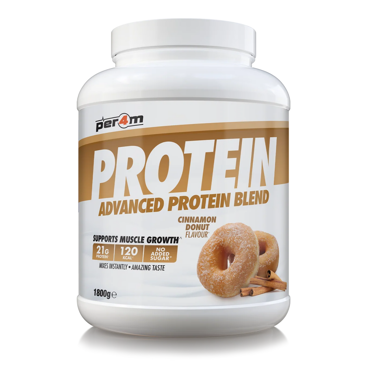 A white plastic tub of Per4m Protein Advanced Protein Blend in Cinnamon Donut Flavour, featuring a brown and white label with donut graphics, on a white background.