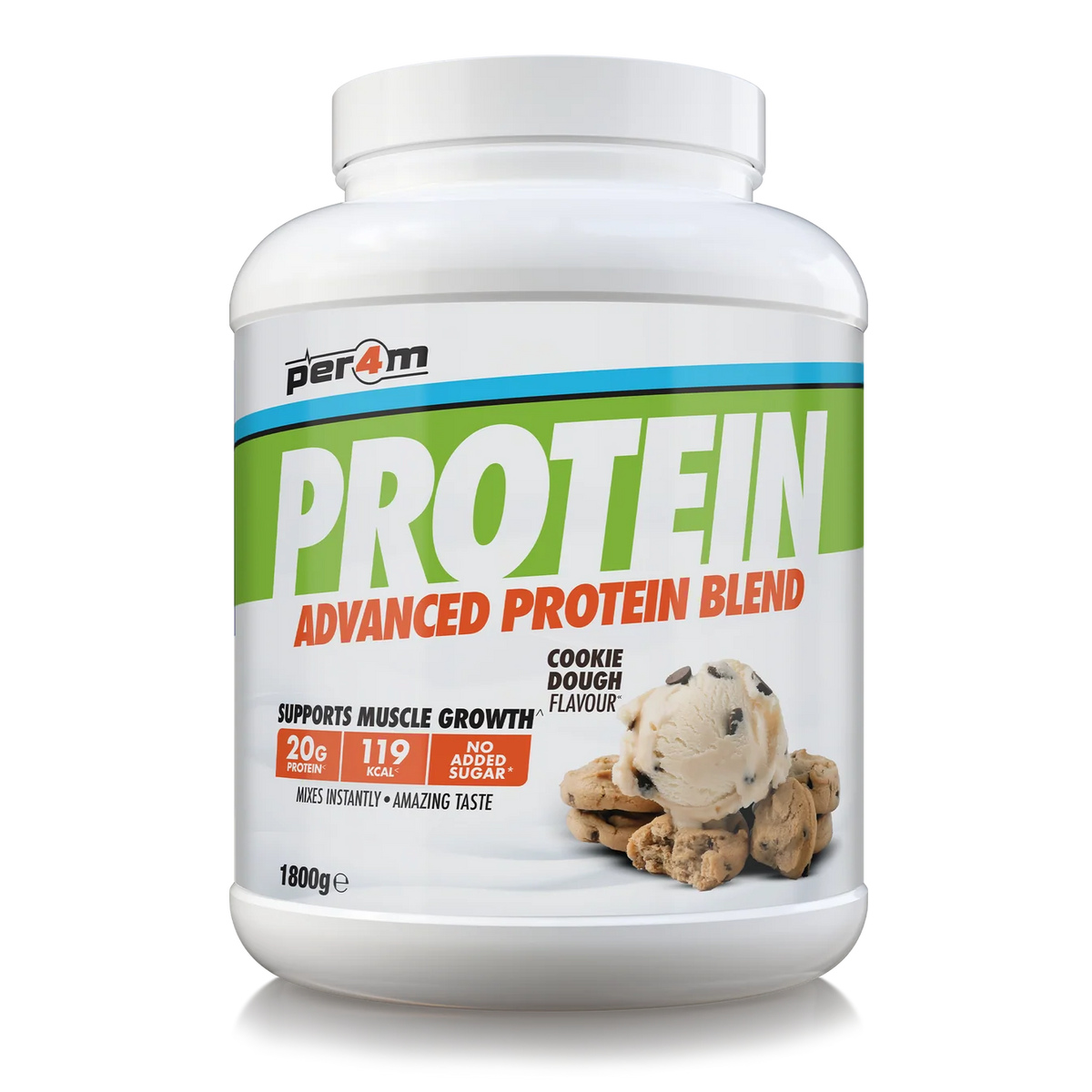 A white plastic tub of Per4m Protein Advanced Protein Blend in Cookie Dough Flavour, featuring a green and orange label with an ice cream cookie graphic, set against a plain white background.