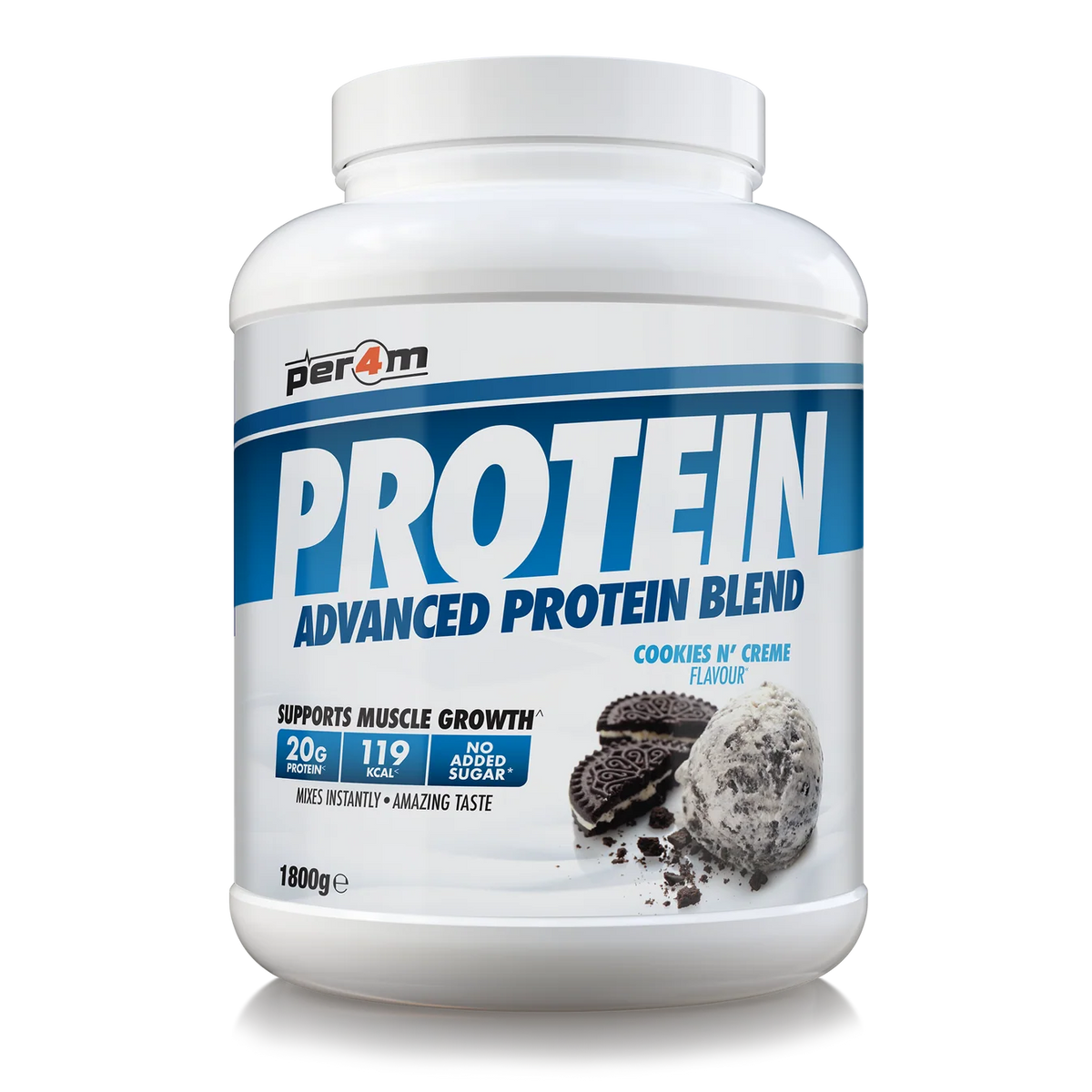 A white plastic tub of Per4m Protein Advanced Protein Blend in Cookies N Creme, featuring a green and orange label with an ice cream cookie graphic, set against a plain white background.