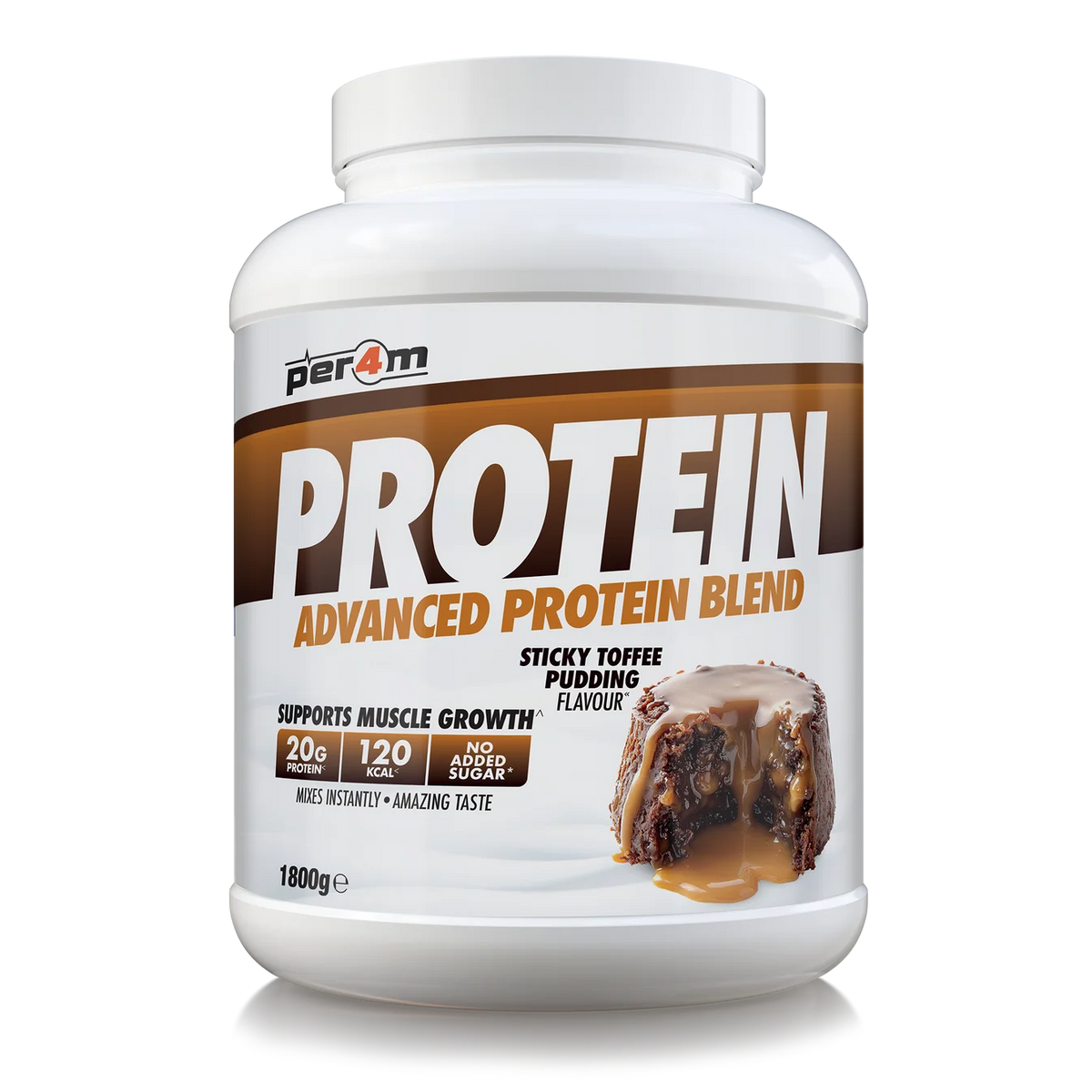 A white plastic tub of Per4m Protein Advanced Protein Blend in Sticky Toffee Pudding, featuring a green and orange label with an ice cream cookie graphic, set against a plain white background.