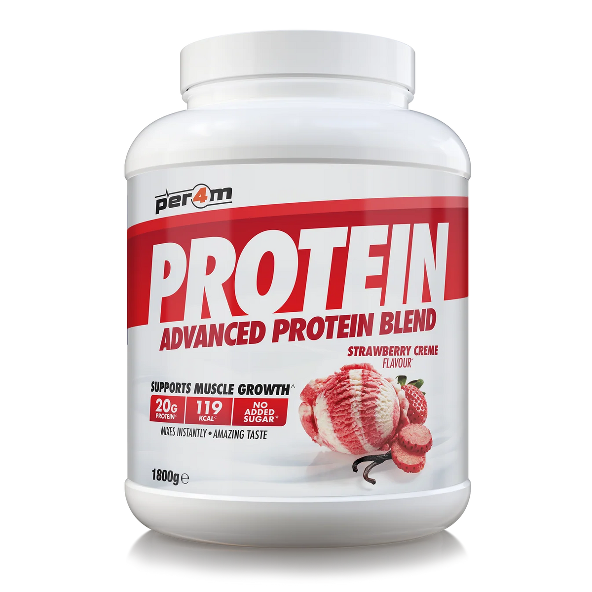 A white plastic tub of Per4m Protein Advanced Protein Blend in Strawberry, featuring a red and white label with a ice cream scoop 