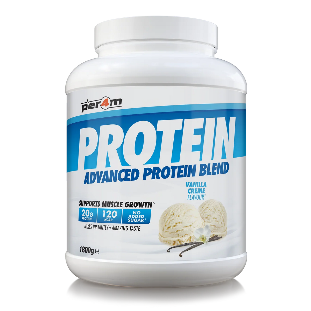 A white plastic tub of Per4m Protein Advanced Protein Blend in Vanilla Creme, featuring a green and orange label with an ice cream cookie graphic, set against a plain white background.