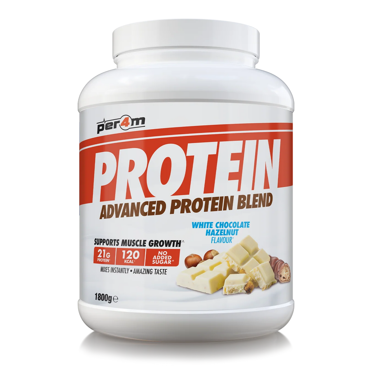 A white plastic tub of Per4m Protein Advanced Protein Blend in White Chocolate Hazelnut, featuring a green and orange label with an ice cream cookie graphic, set against a plain white background.