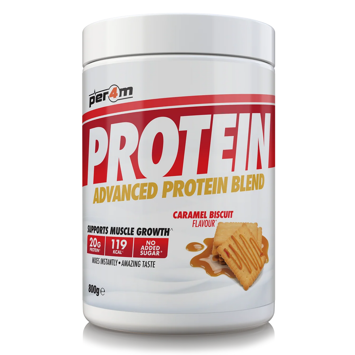 A white plastic tub of Per4m Protein Advanced Protein Blend in Caramel Biscuit Flavour, featuring a white label with bold red and yellow text and an illustration of a caramel-topped biscuit.