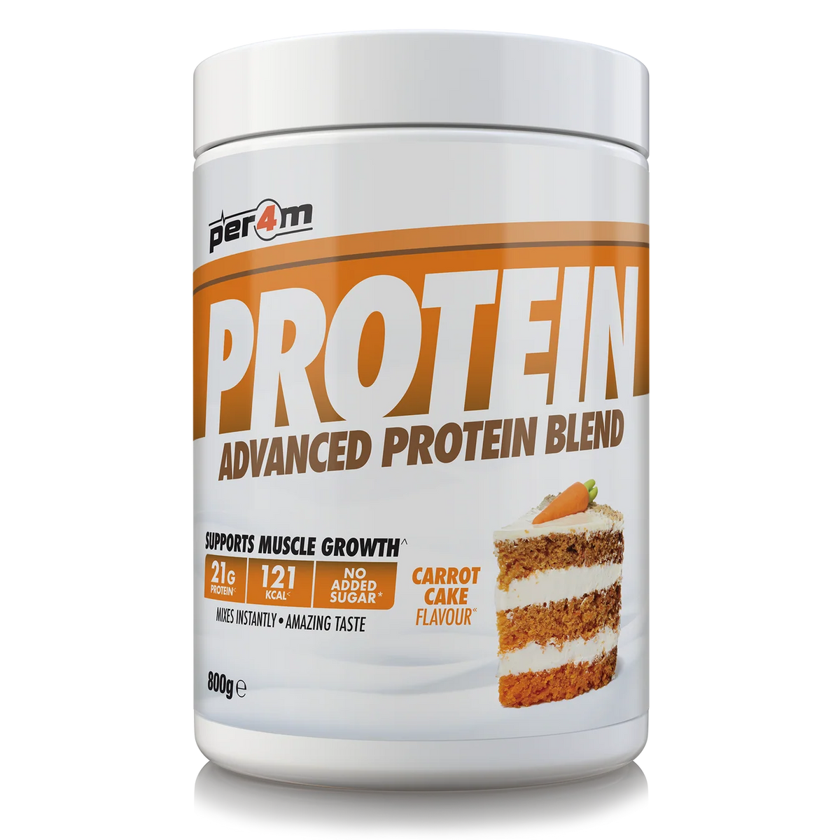 A white plastic tub of Per4m Protein Advanced Protein Blend in carrot cake flavor, featuring a white and orange label with a carrot cake graphic.