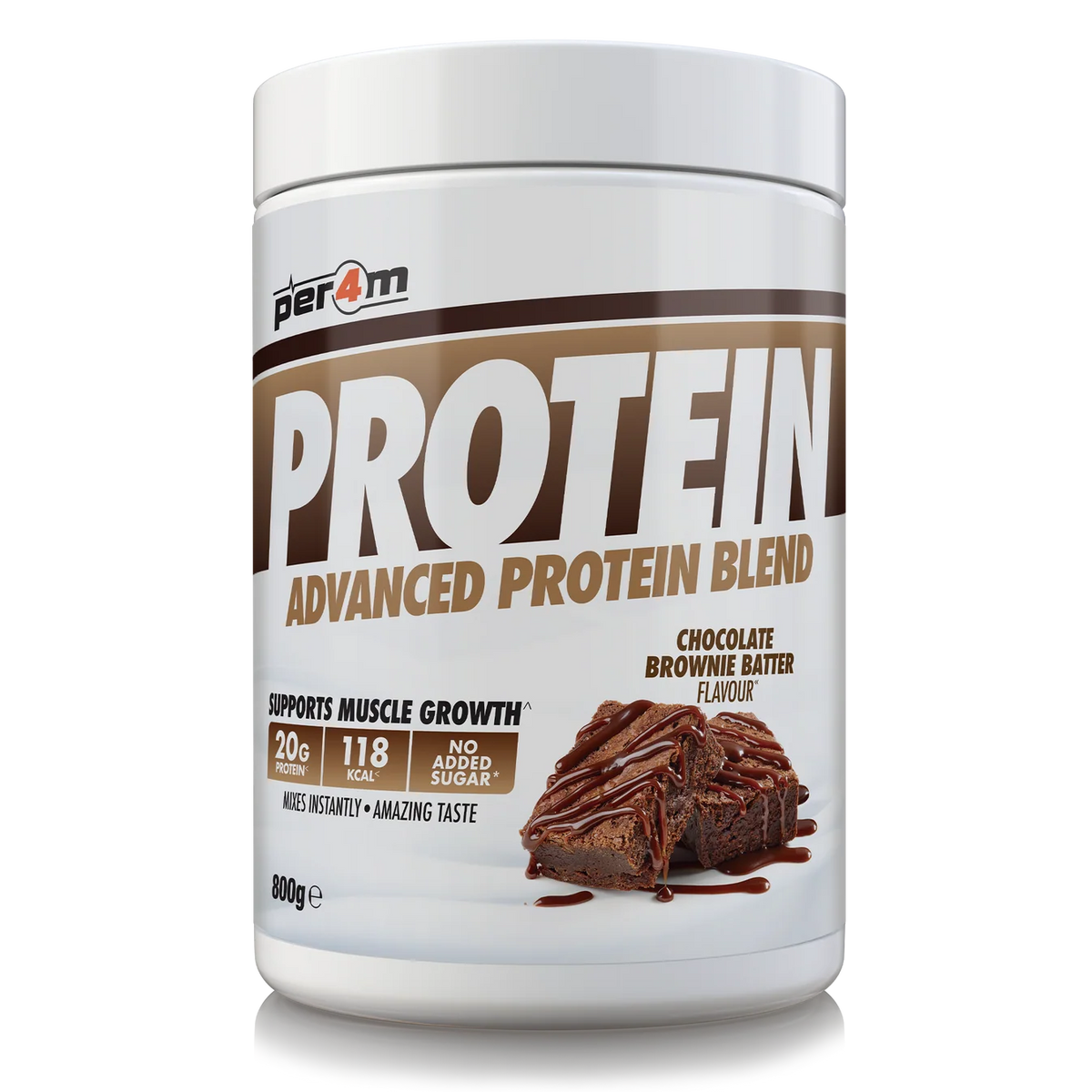 A white tub of Per4m Protein Advanced Protein Blend in Chocolate Brownie Batter flavour, shown on a clean white background.