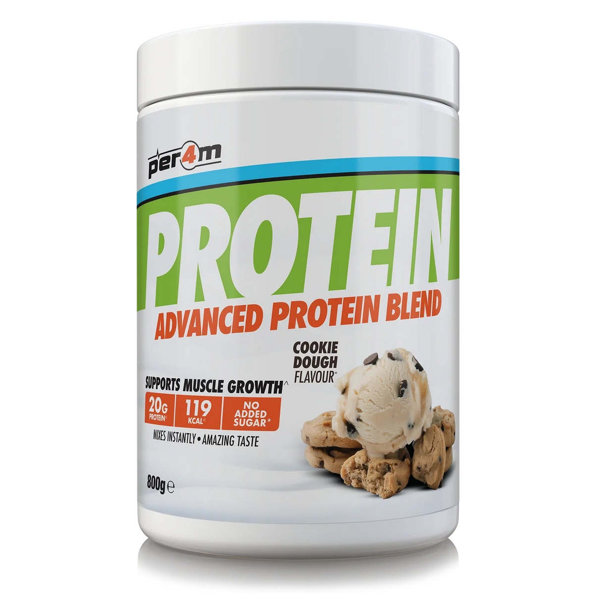 A white plastic tub of Per4m Protein Advanced Protein Blend in Cookie Dough Flavour, featuring a green and orange label with a cookie dough scoop illustration.