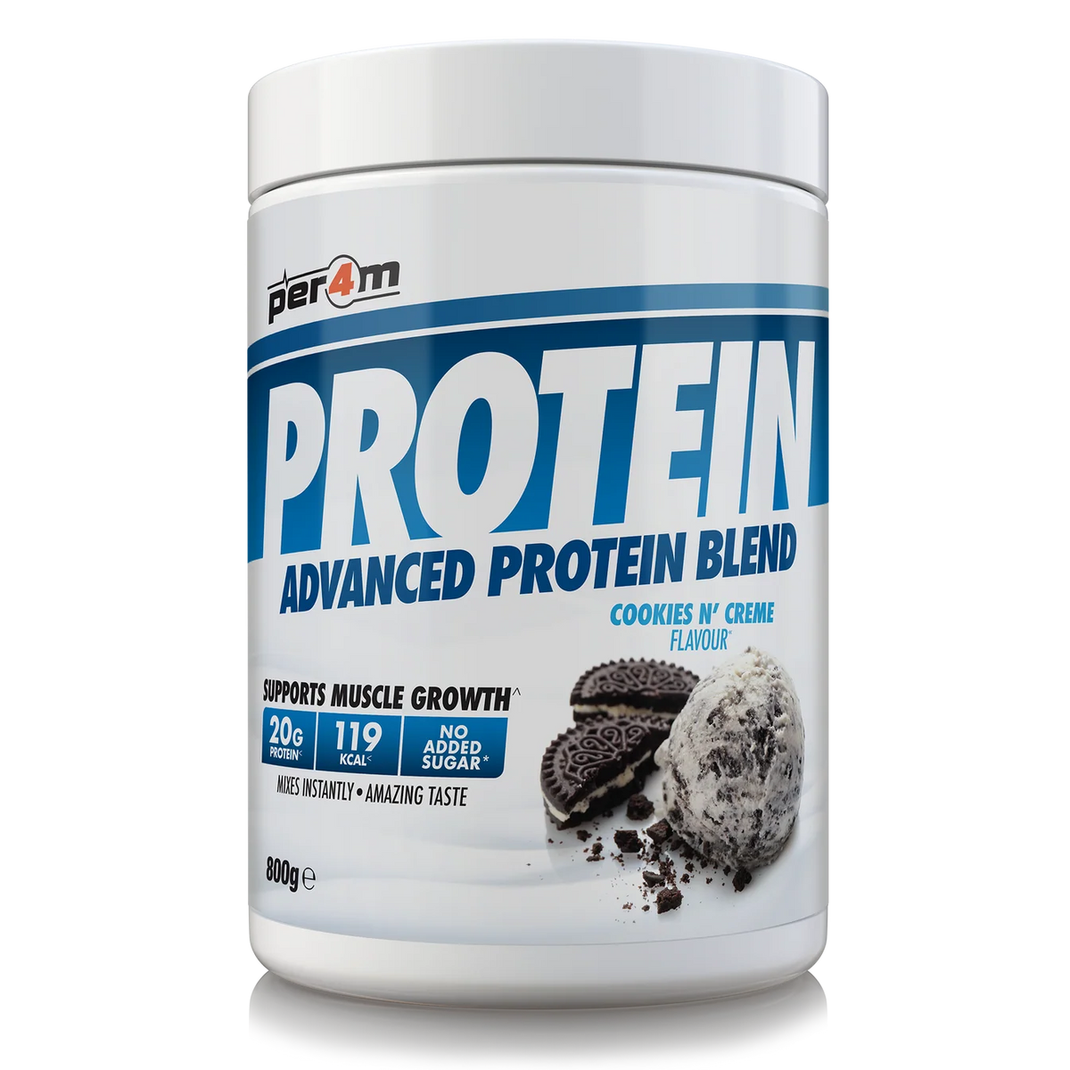 A white plastic tub of Per4m Protein Advanced Protein Blend in Cookies N' Creme flavor, featuring a blue and white label with cookie graphics, on a white background.
