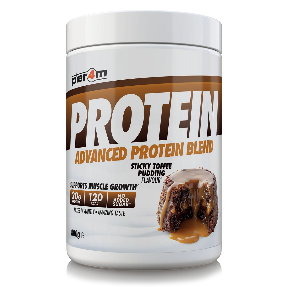 A white plastic tub of Per4m Protein Advanced Protein Blend in Sticky Toffee Pudding Flavour, featuring a brown and white label with a graphic of a chocolate-toffee dessert.