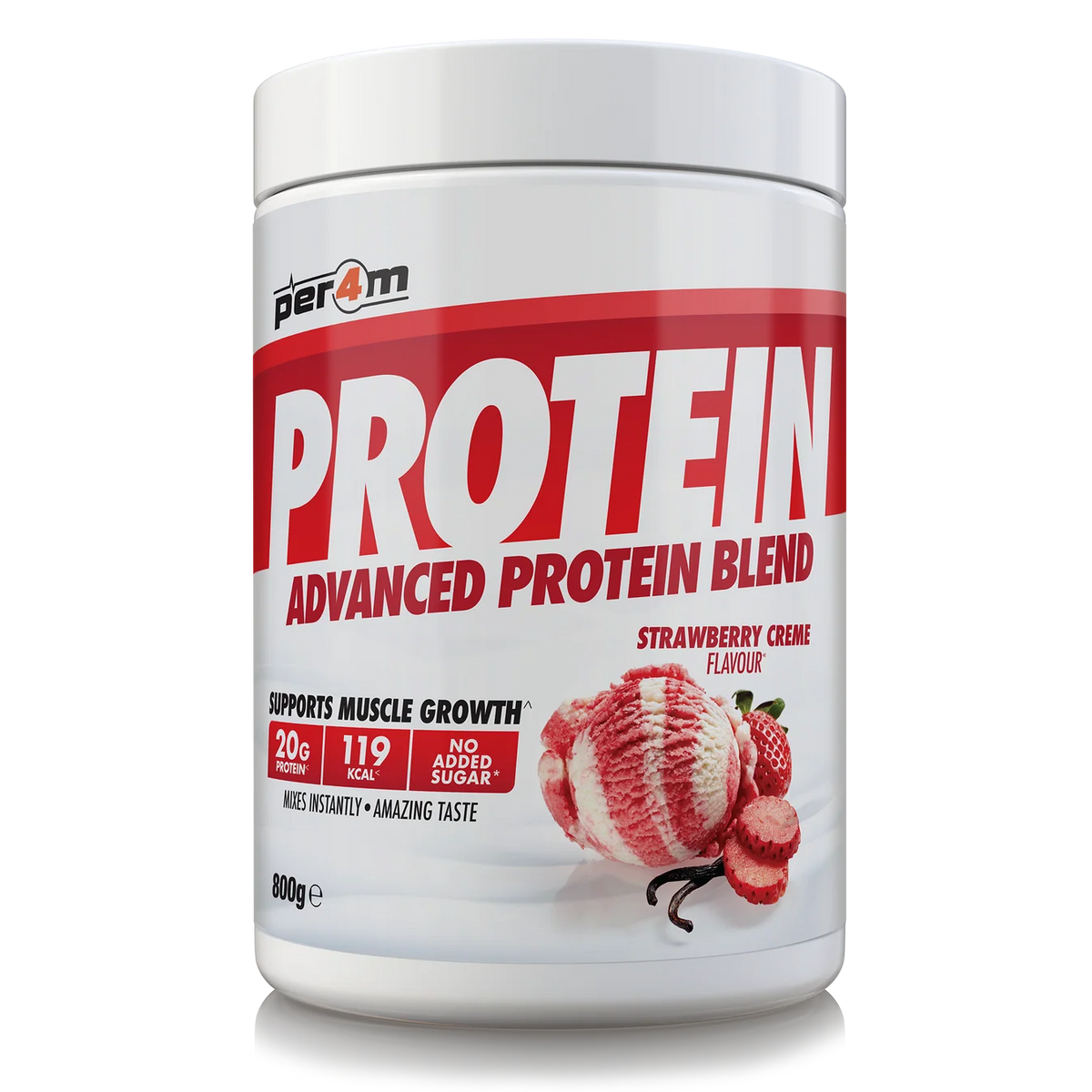 A white plastic tub of Per4m Protein Advanced Protein Blend in Strawberry Creme flavor, featuring a white lid and a label with bold red and white text and a strawberry graphic.