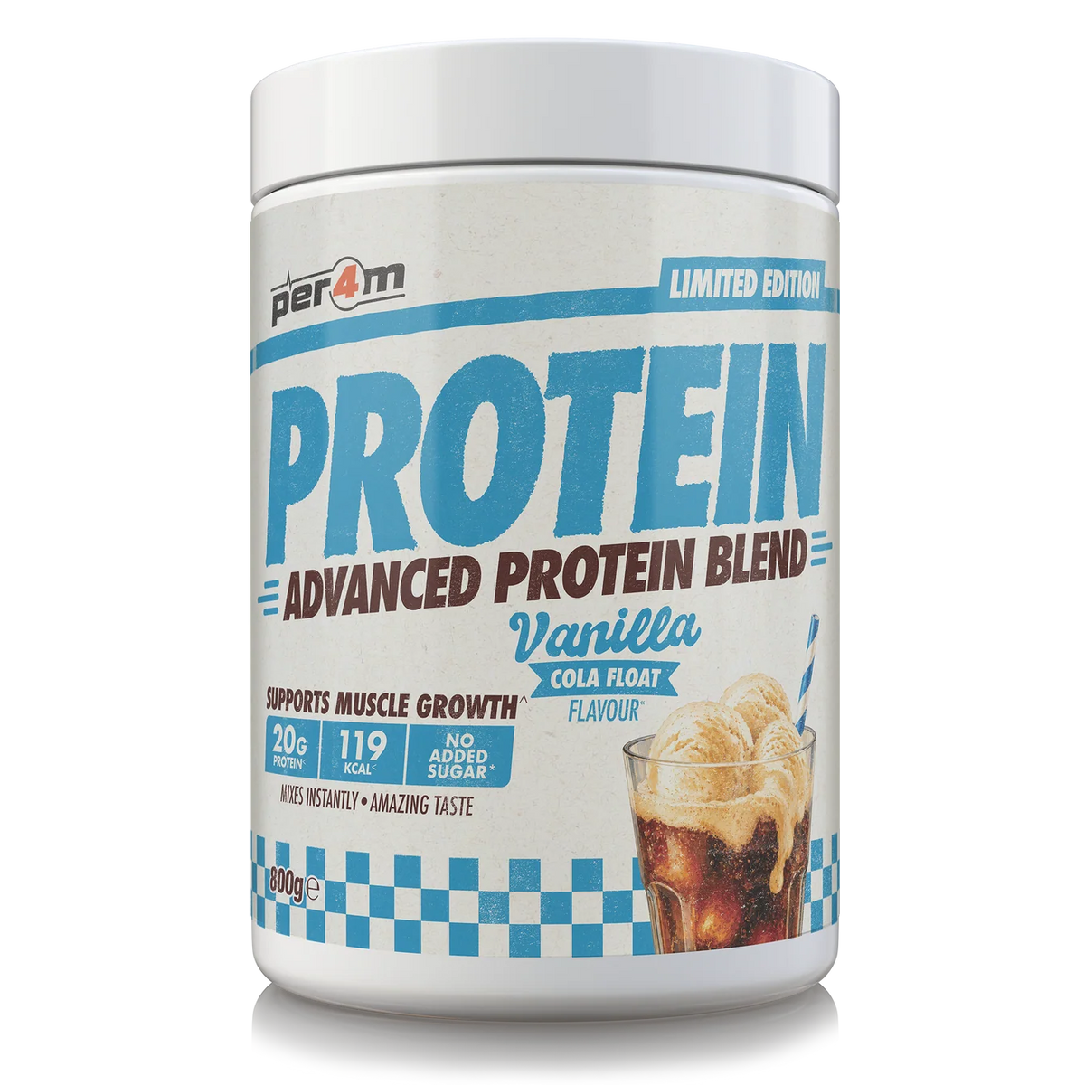A white tub of Per4m Protein Advanced Protein Blend Vanilla Cola Float Flavour, featuring a blue and white label with a graphic of a vanilla ice coffee.