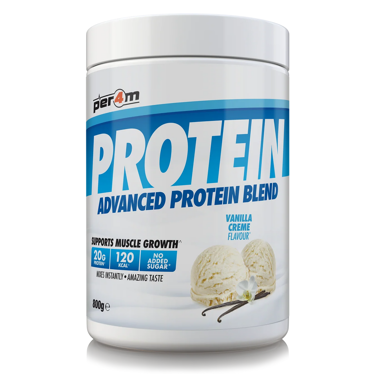 A white plastic tub of Per4m Protein Advanced Protein Blend in Vanilla Creme Flavour, featuring blue and white label graphics with vanilla ice cream scoops and vanilla bean illustrations.