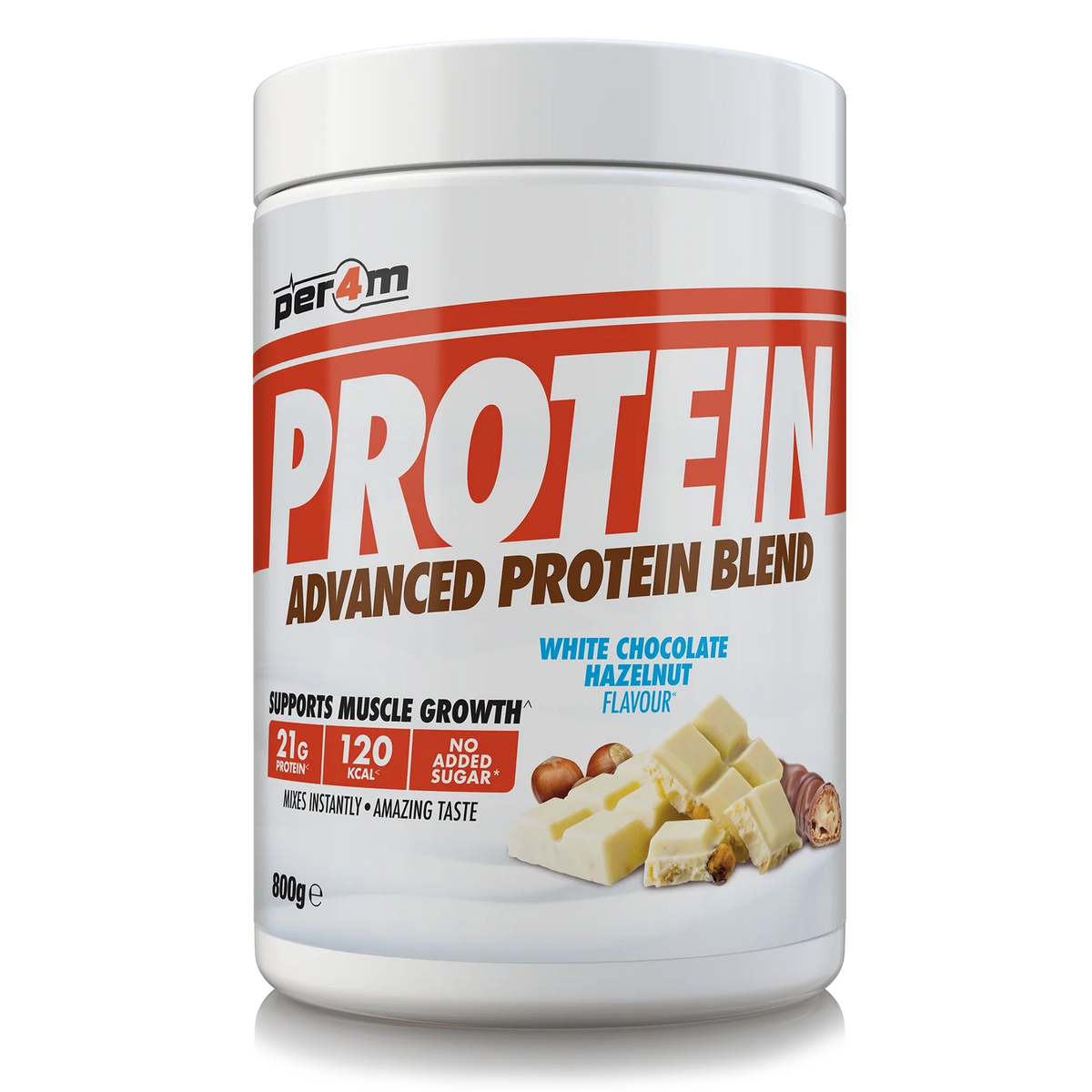 A white plastic tub of Per4m Protein Advanced Protein Blend in White Chocolate Hazelnut Flavour, featuring a white label with bold red and brown text and chocolate imagery.