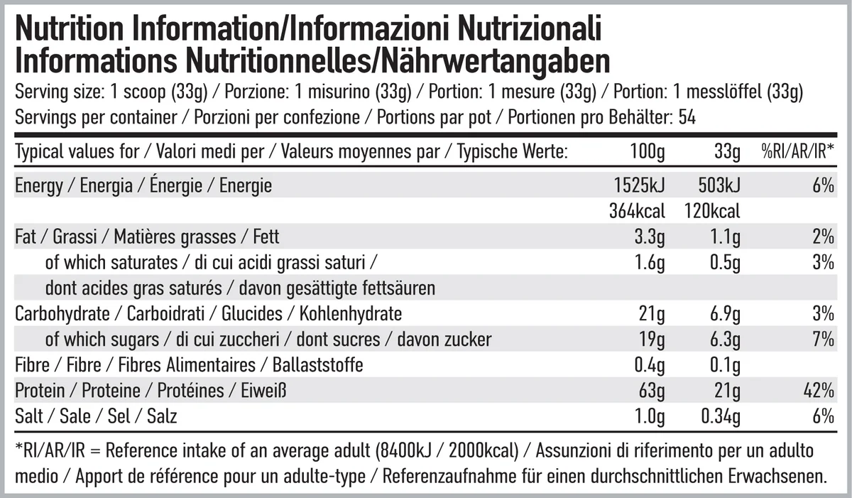 Nutrition information label for a product with various nutritional values listed.
