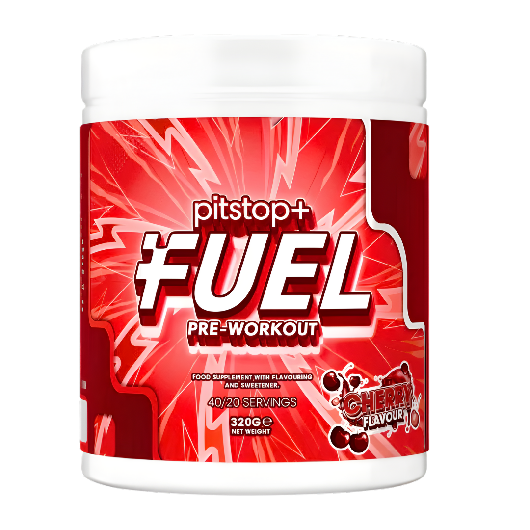 Pitstop+ Fuel pre-workout supplement container with red and white design