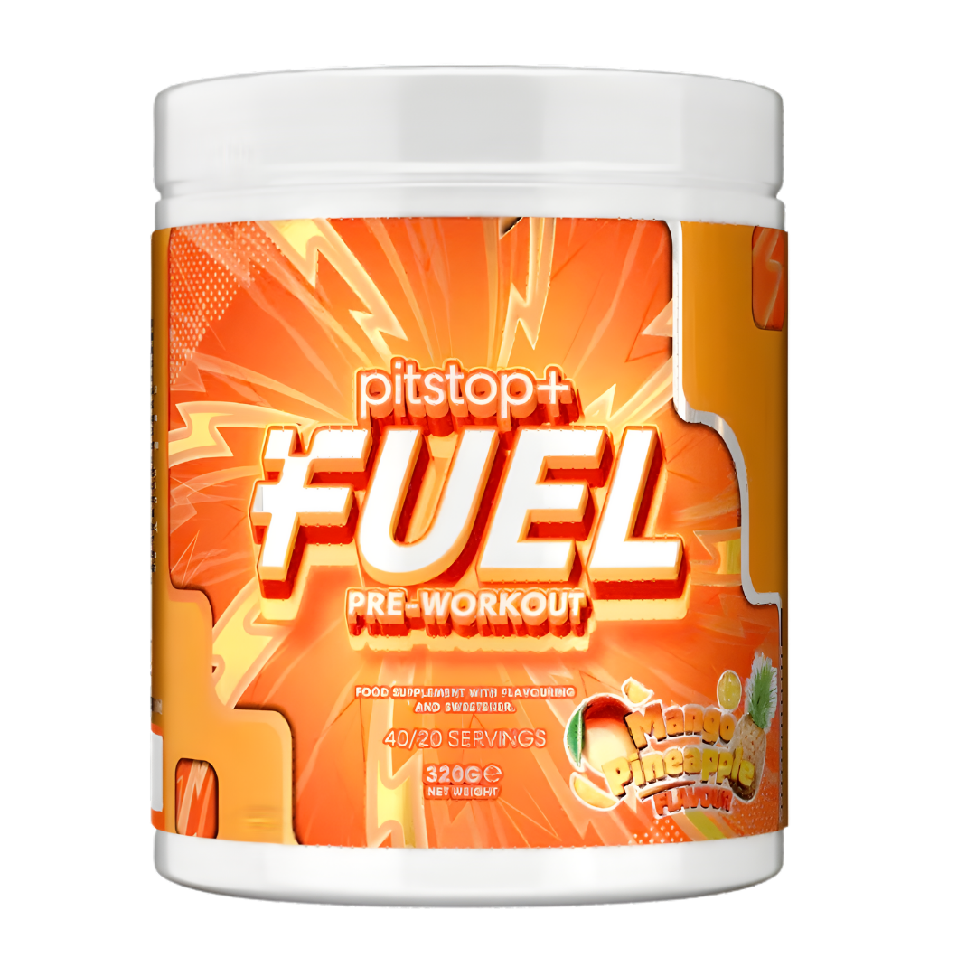 Pitstop Fuel pre-workout supplement container with orange and white design