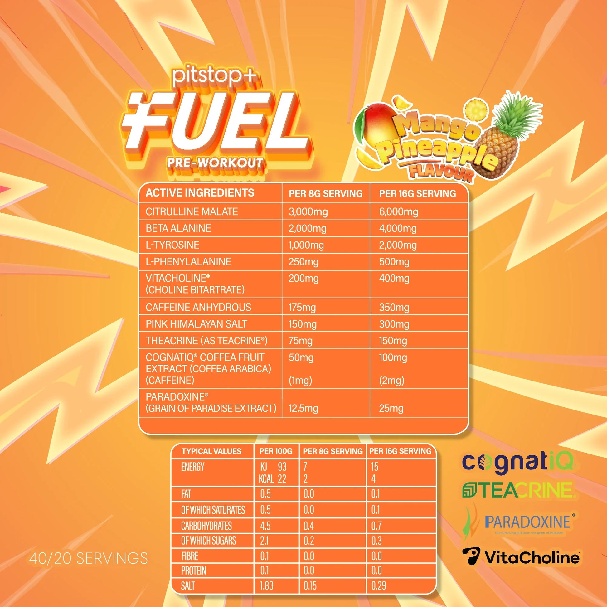 Pitstop+ Fuel pre-workout supplement label with ingredients and nutritional information on an orange background.