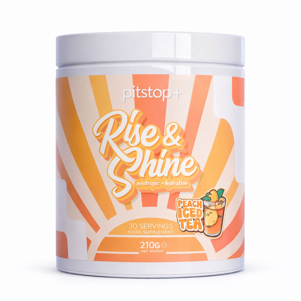 Pitstop+ Rise & Shine supplement container with peach iced tea flavor on a white background