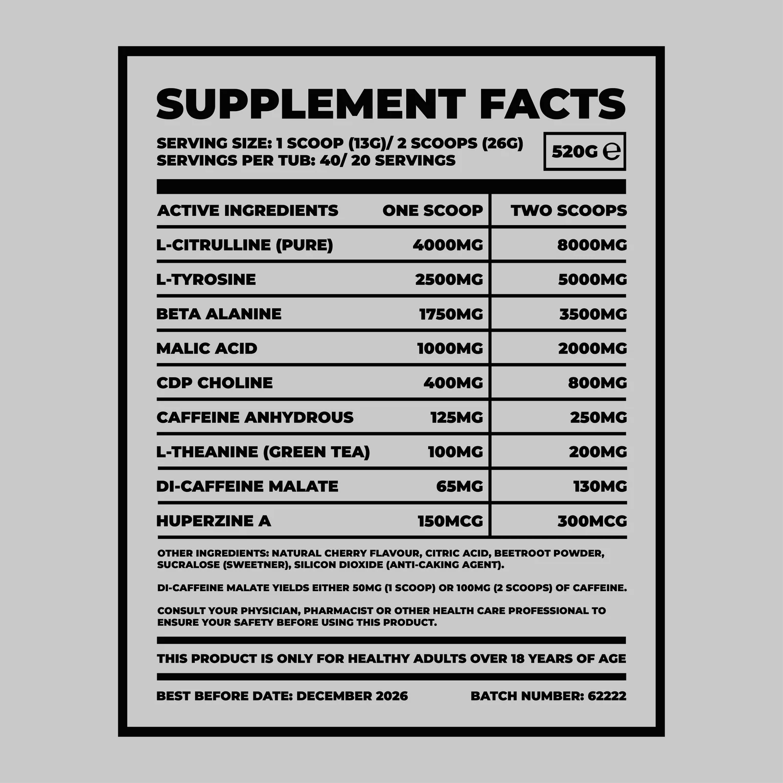 Ragephase pre workout supplement facts label with detailed ingredient list and serving sizes on a gray background