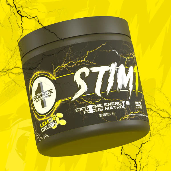 Black pre workout container labeled 'STIM1' on a yellow background